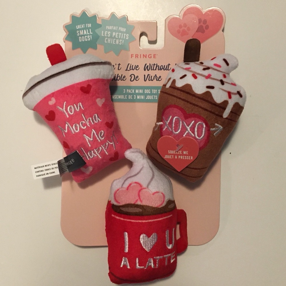 NEW Dog Toys 3 Plush Coffee Drink Squeakers “Can’t Live Without You” | Fringe